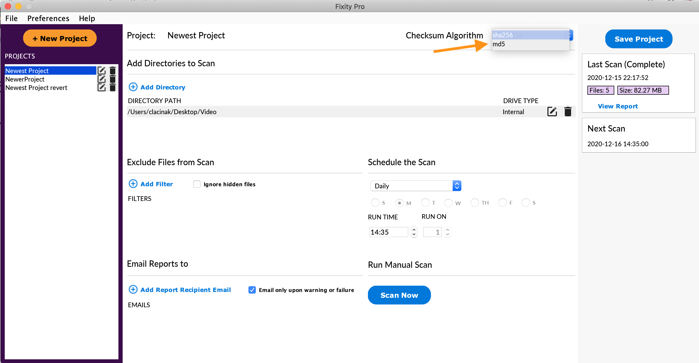 Checksum selection window screenshot