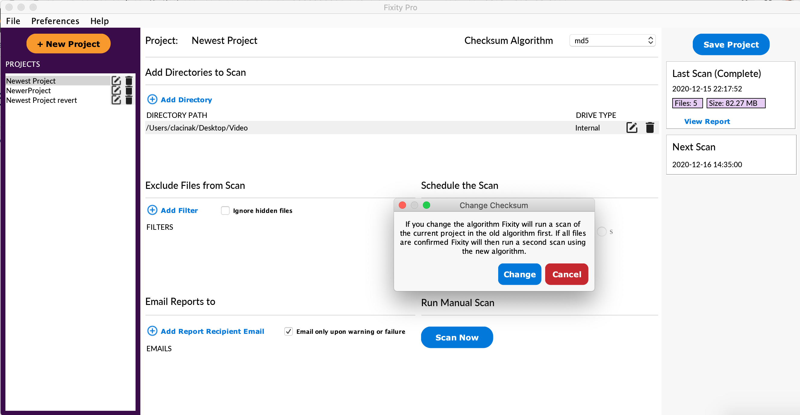 Checksum selection window screenshot