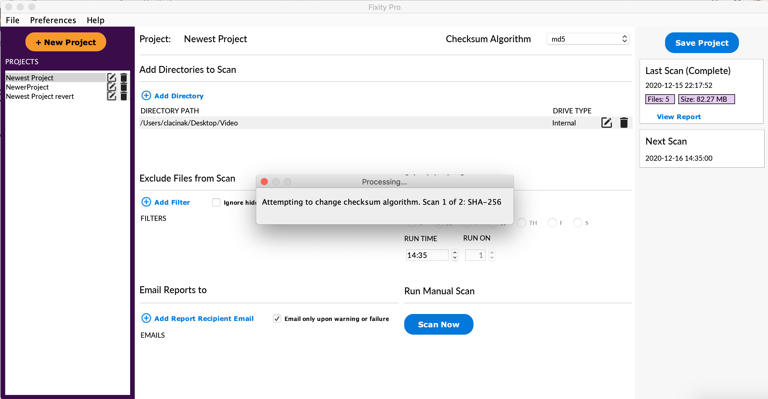 Checksum selection window screenshot