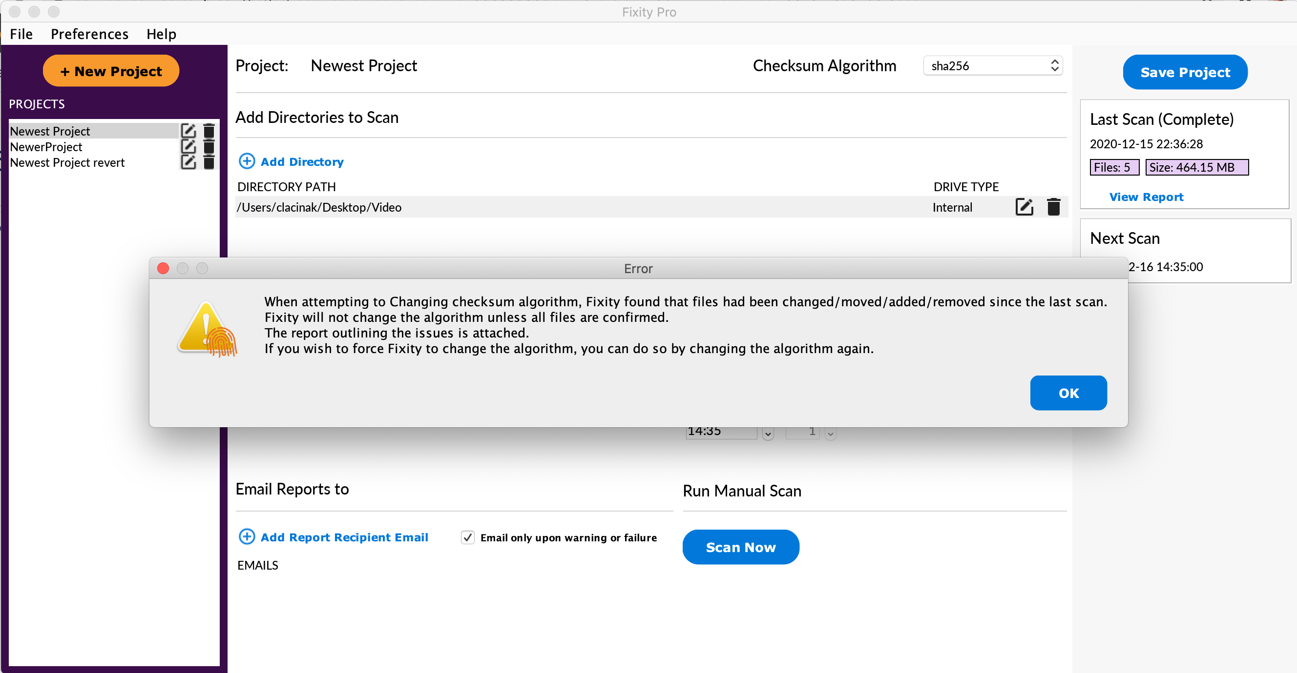 Checksum selection window screenshot