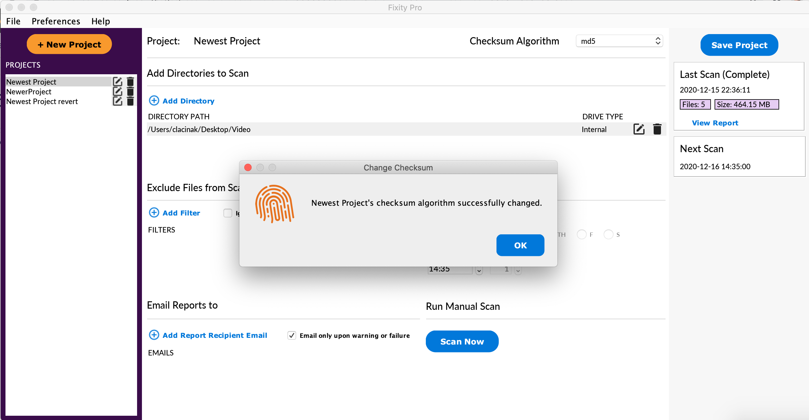 Checksum selection window screenshot