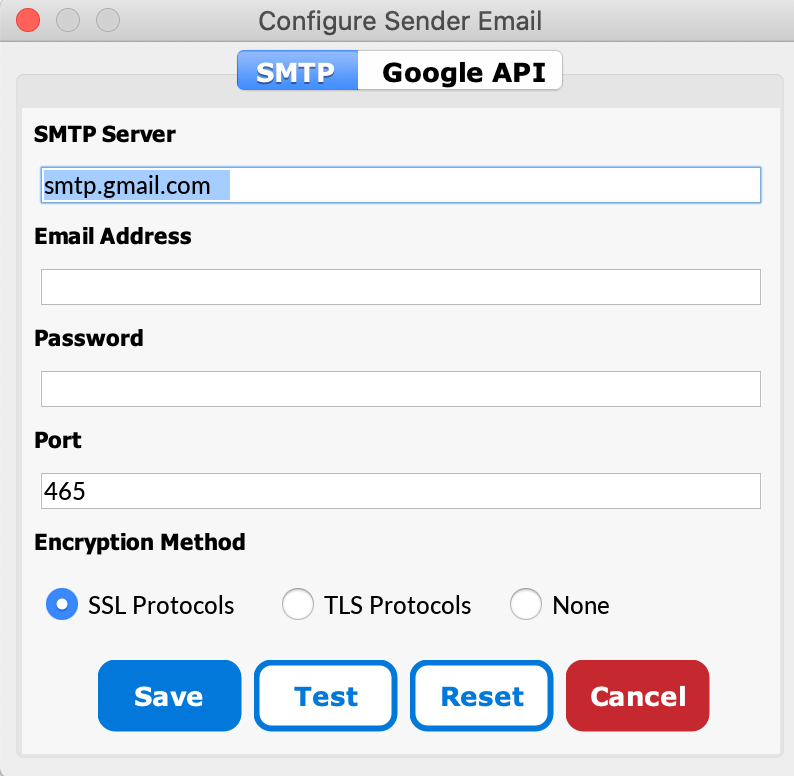 Configure sender dialog screenshot