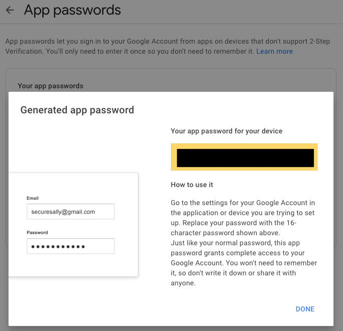Google API password dialog screenshot
