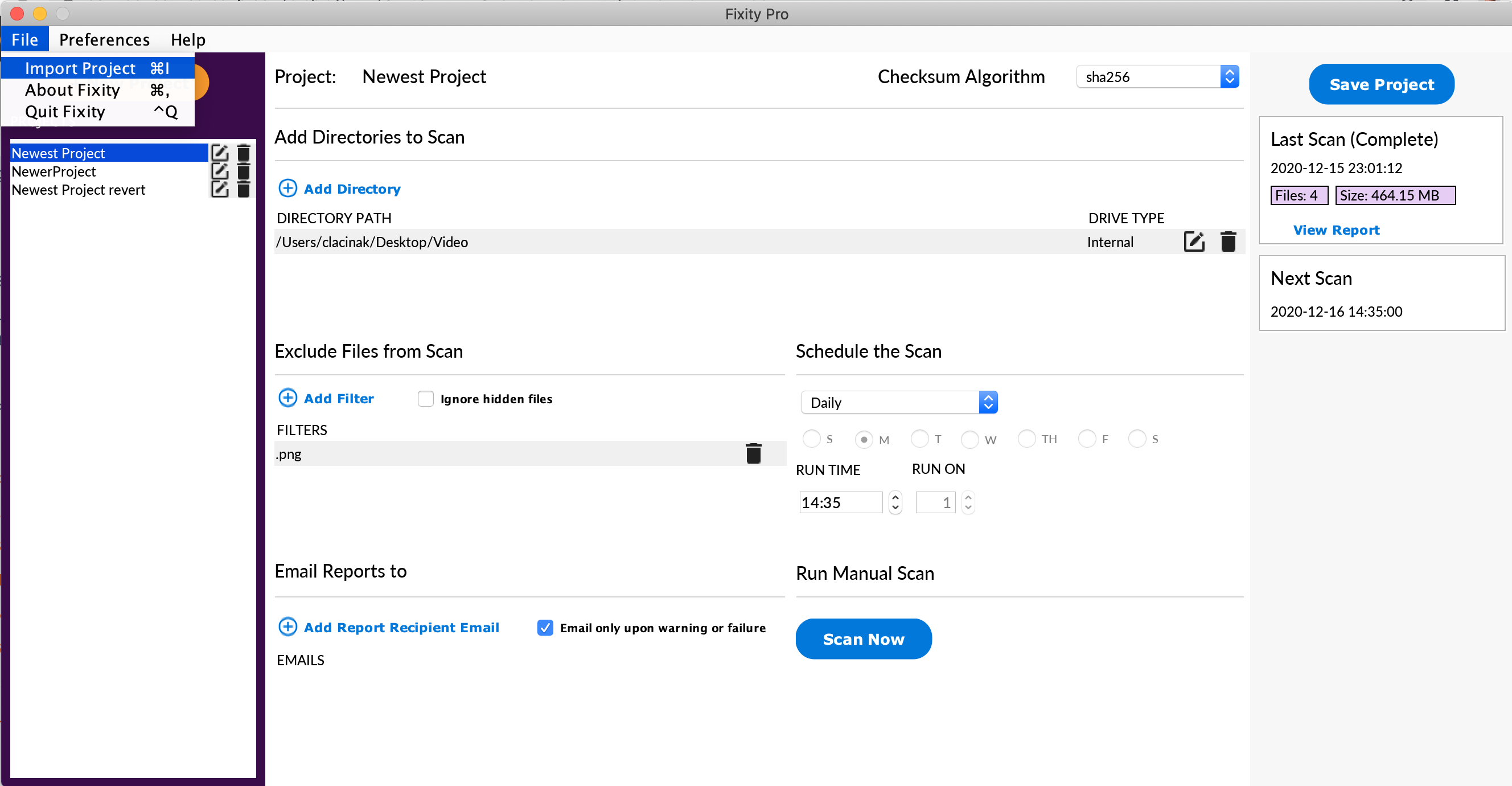 Import project window screenshot