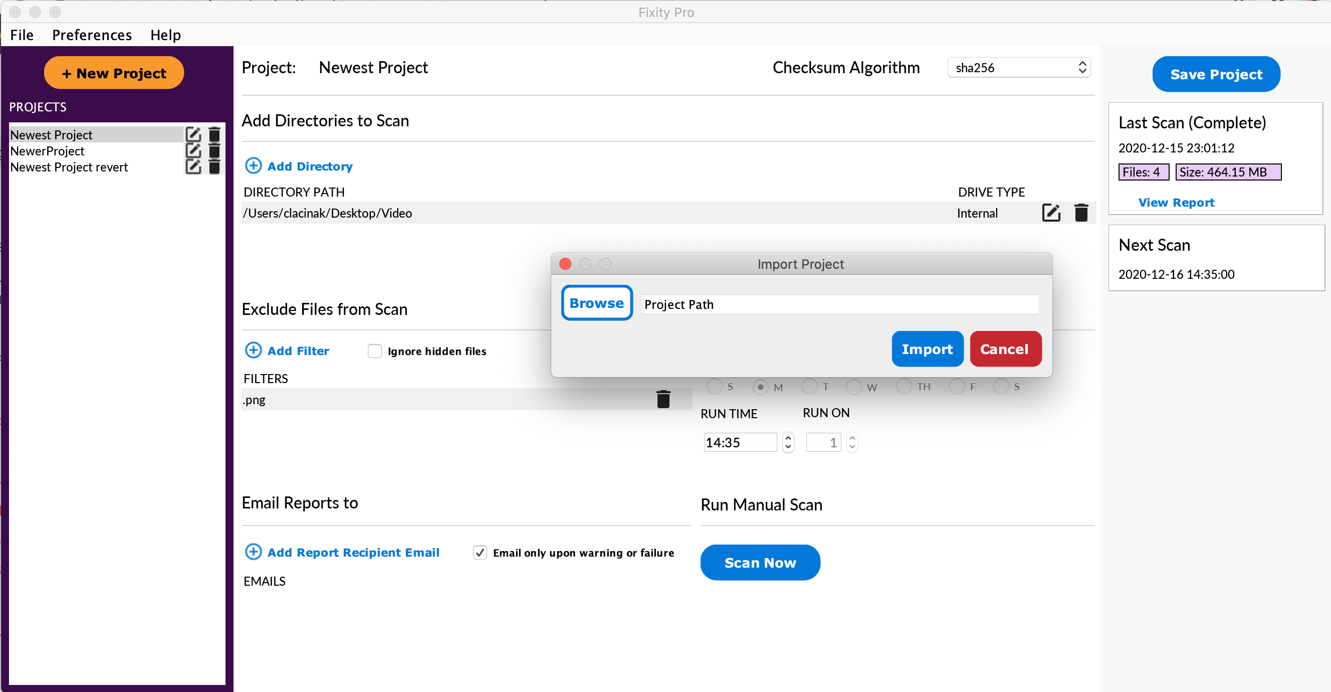Import project window screenshot