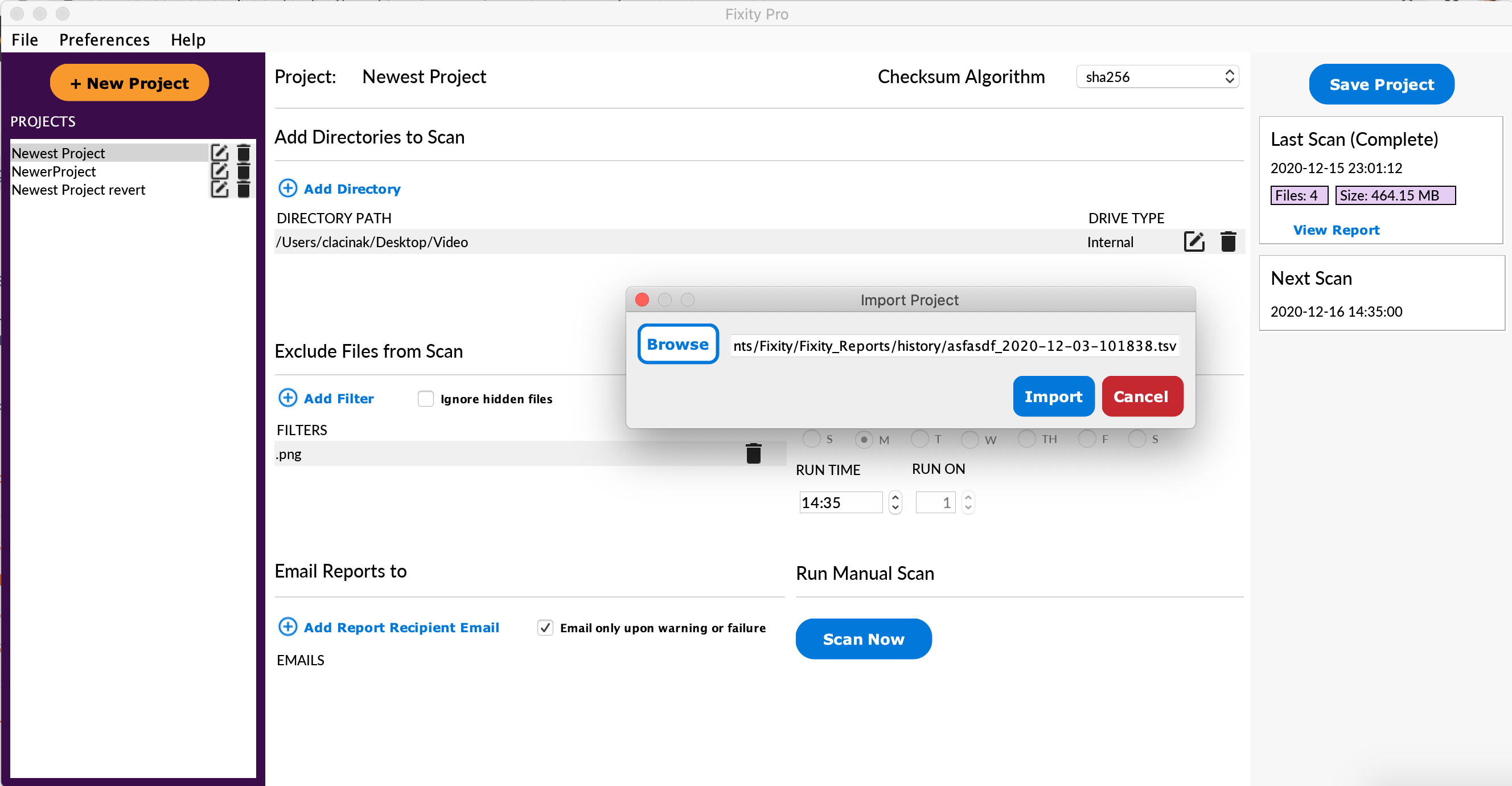Import project window screenshot