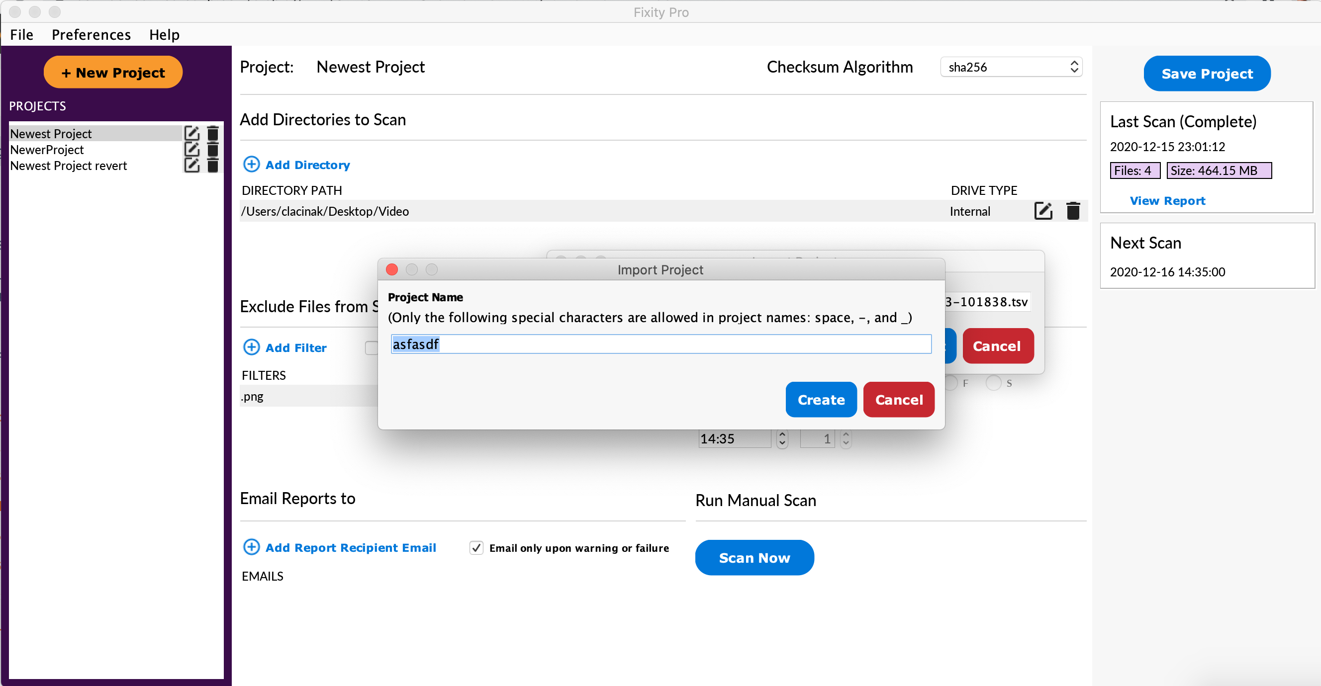 Import project window screenshot