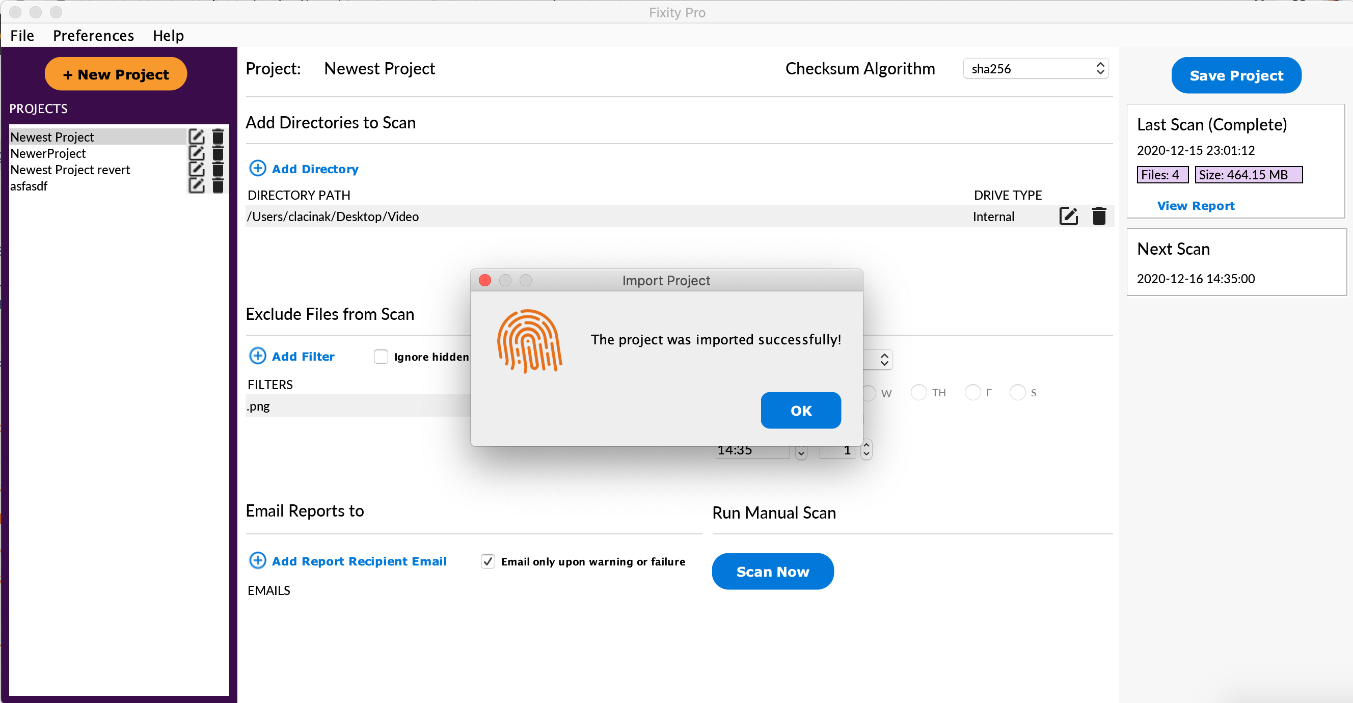 Import project window screenshot